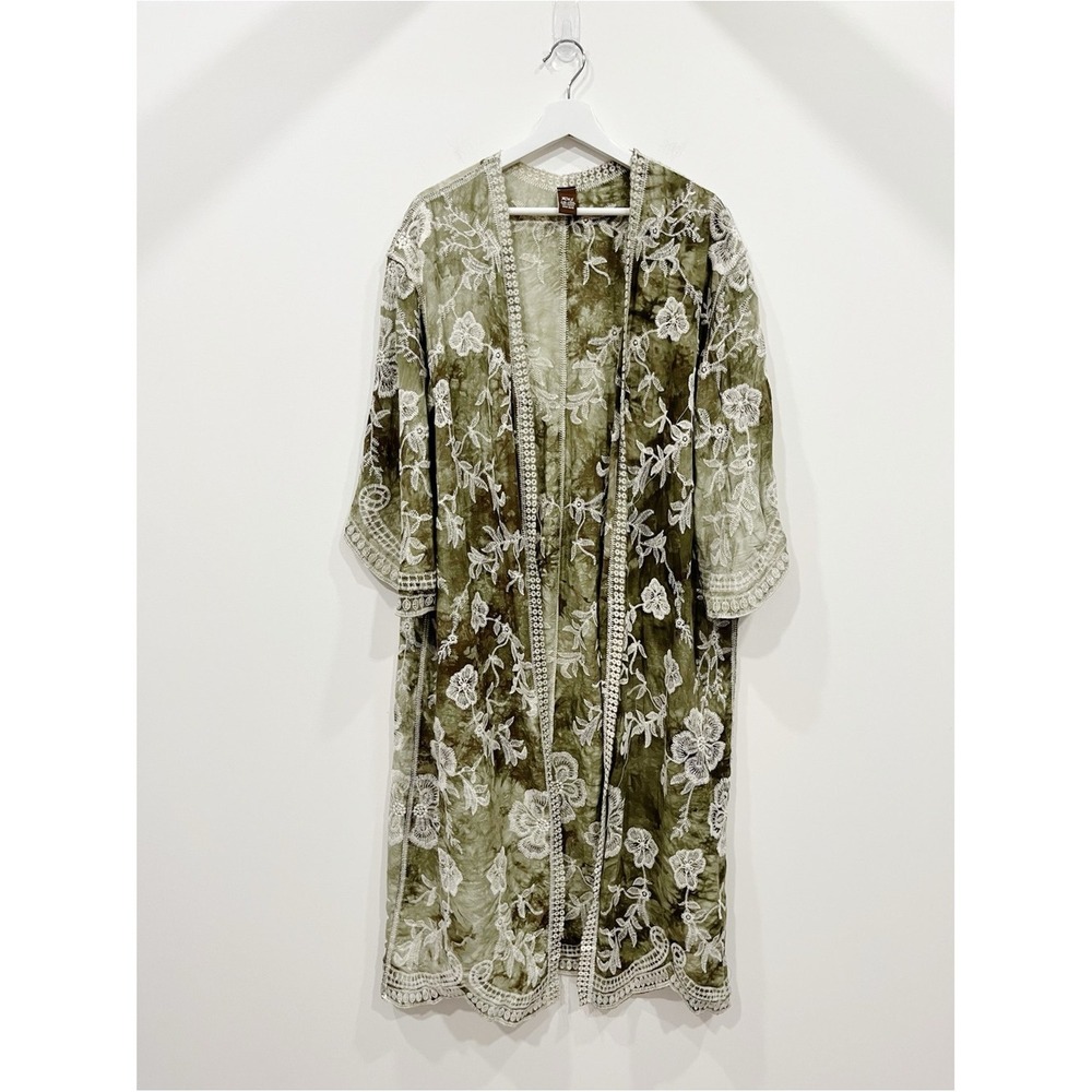 Raj Emery Embroidered Duster Kimono Olive Green White Floral Lace One Size - Picture 3 of 10